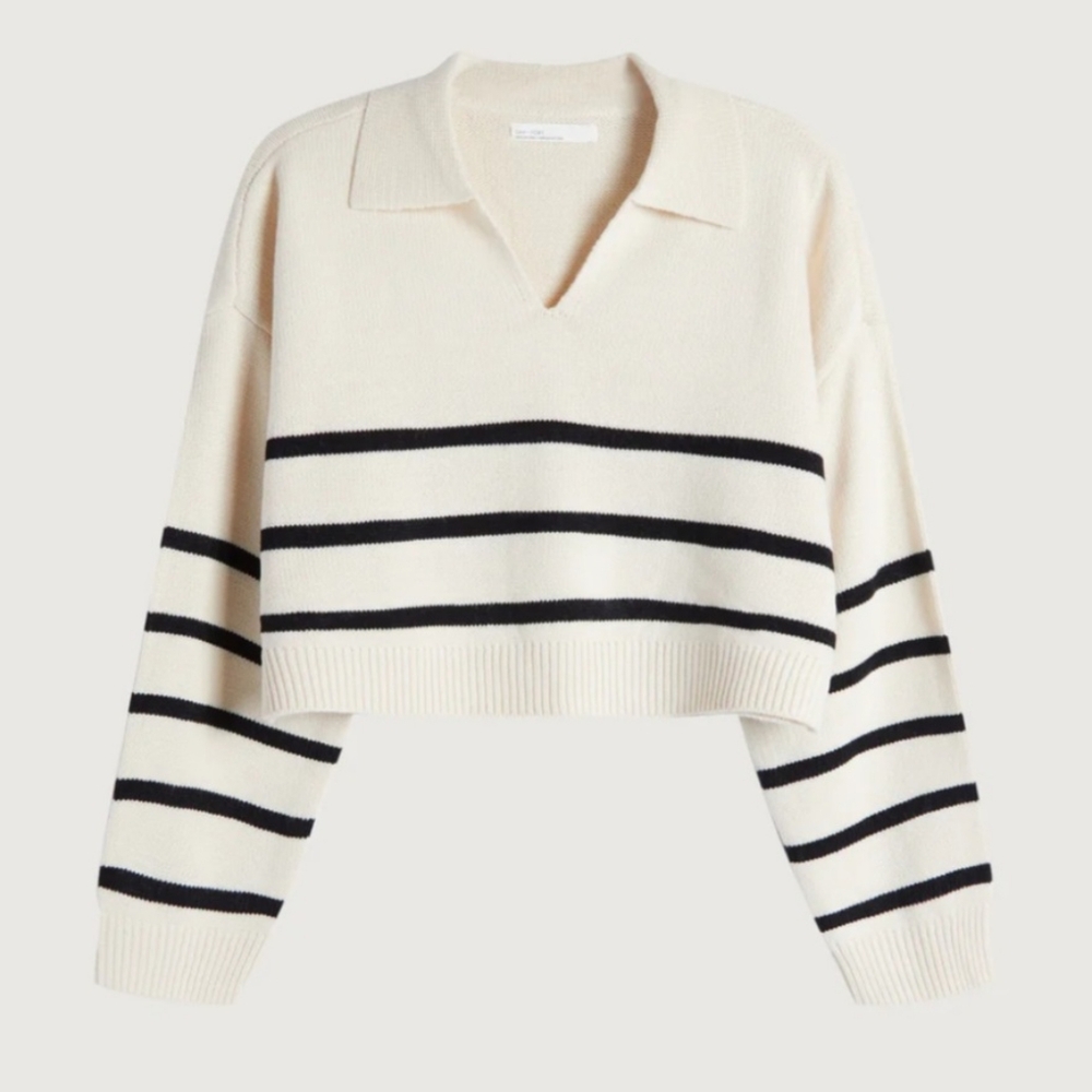 Oak and Fort Striped Cream and Black Women's Cropped Sweater
